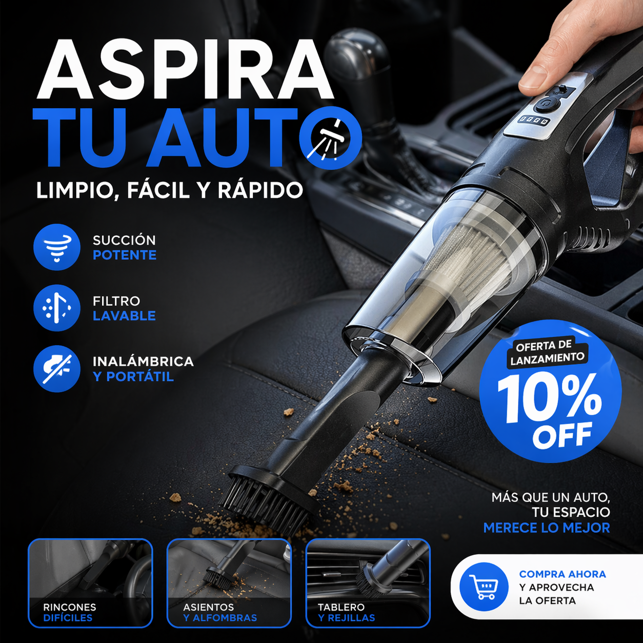 Mini Aspiradora Portátil para Auto 120W – Inalámbrica con Carga USB